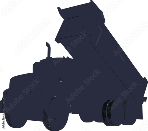 Dark blue dump truck with raised bed and visible tires vehicle heavy