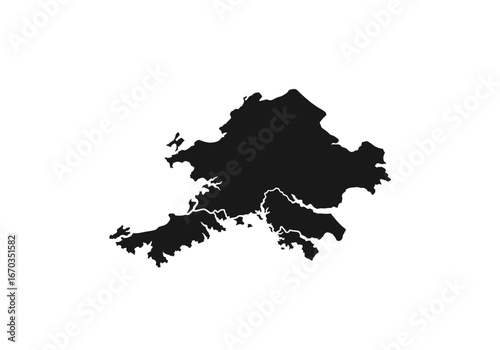 Black silhouette map of Hong Kong Island, showcasing its complex coastline and diverse geography.