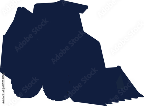 Dark blue silhouette of a front end loader on white background machine vehicle