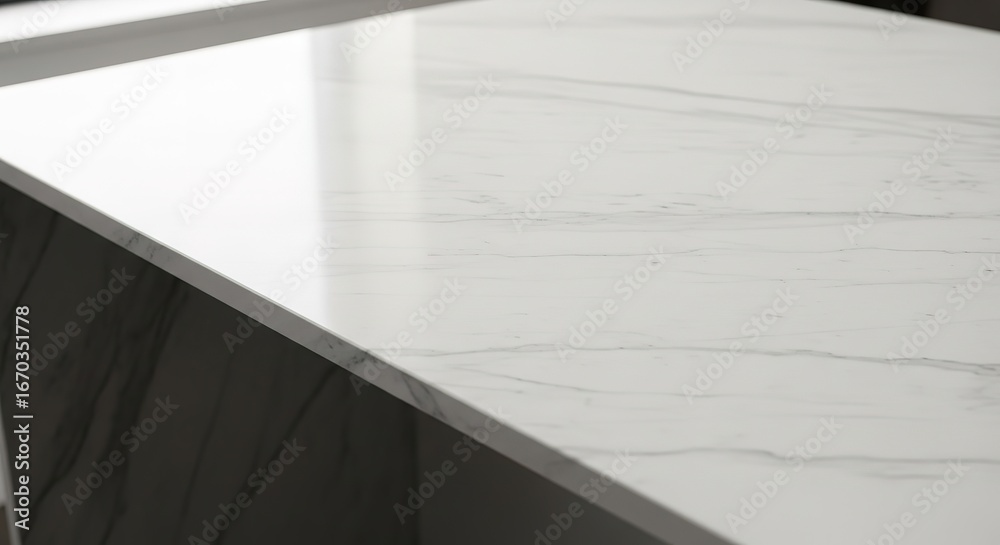 Obraz premium Close-up of a sleek, white marble countertop with subtle grey ve