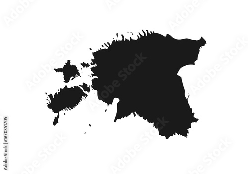 Black silhouette map of Estonia, showcasing its mainland and islands.