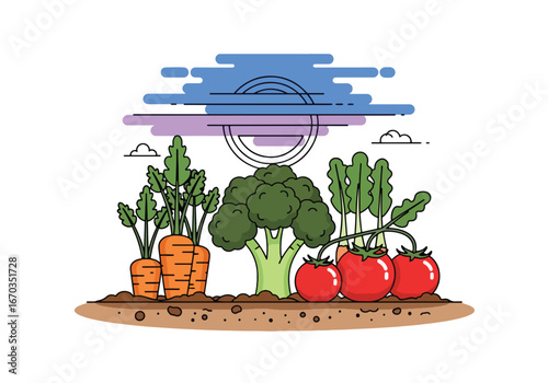 Illustration of garden vegetables including carrots, broccoli, tomatoes, and radishes growing in soil with a stylized cloud background.