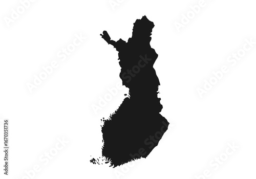 Silhouette of Finland, a dark shape against a plain white background, representing the country's outline.