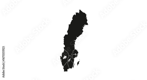 Simple black silhouette map of Sweden, highlighting its regions.