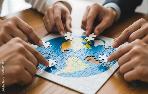 Diverse Hands Collaborating to Assemble a Jigsaw Puzzle of the Earth Globe collaboration teamwork