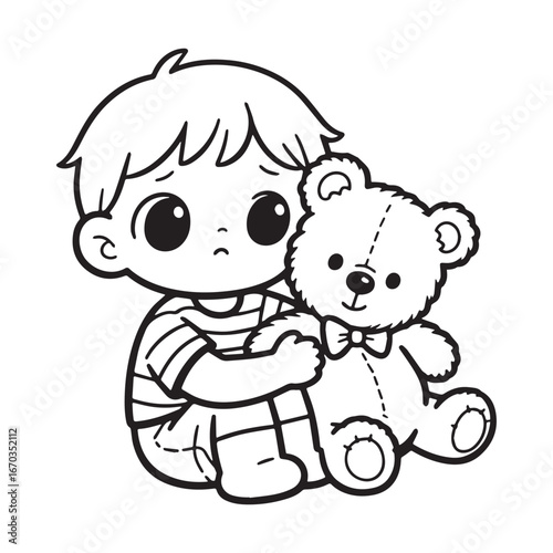  Worried Young Child Hugging Teddy Bear silhouette vector Design. 
