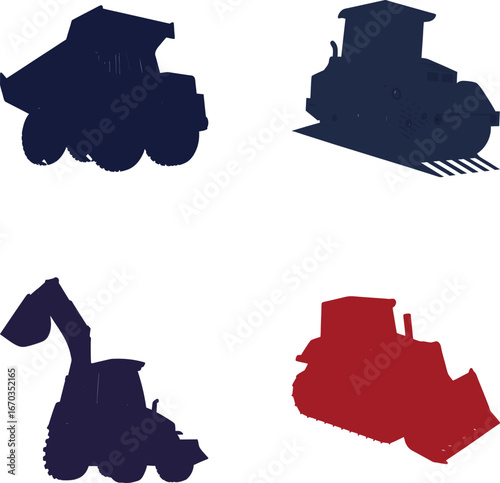 Four construction vehicle silhouettes dump truck excavator bulldozer compactor vector