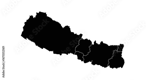 A black silhouette of the country of Nepal, showing its geographical outline.