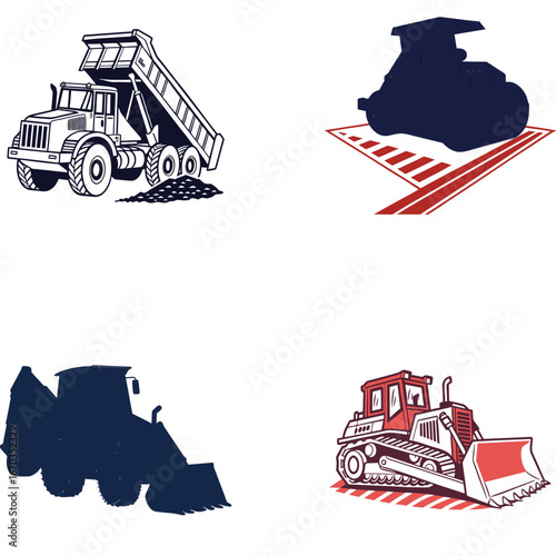 Four construction vehicles including dump truck bulldozer roller loader vector