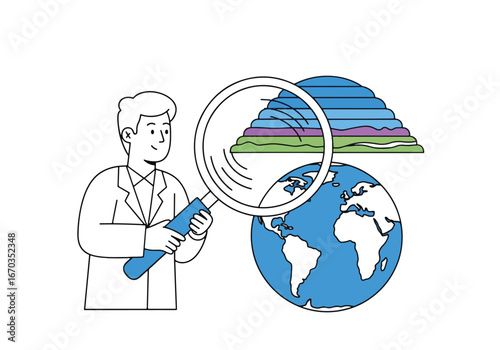 Man in lab coat examines Earth globe with magnifying glass, layered geological formation behind, in a stylized vector illustration.