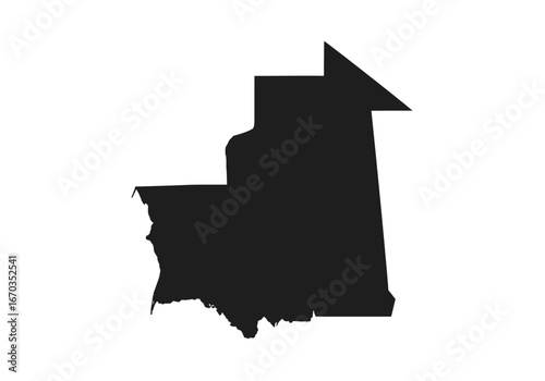 Silhouette of Mauritania's country outline, isolated on a white background, showcasing its geographical shape.
