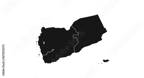 A simple, black and white silhouette of the country Yemen, showing its borders.