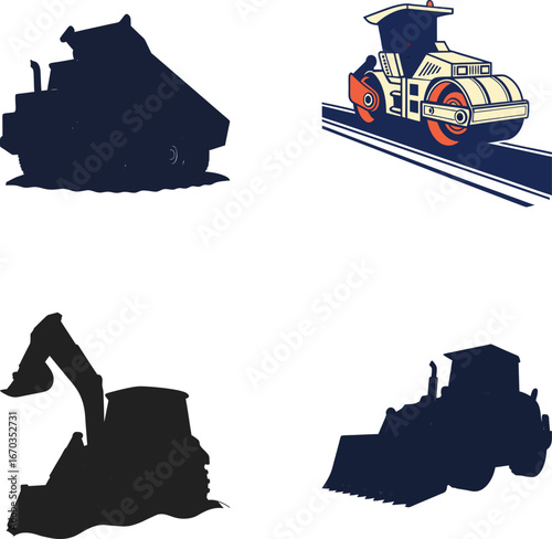 Dump truck excavator roller loader construction vehicles vector