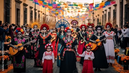 Day of the Dead parade on street. Colorful costumes, makeup, music, and festivities