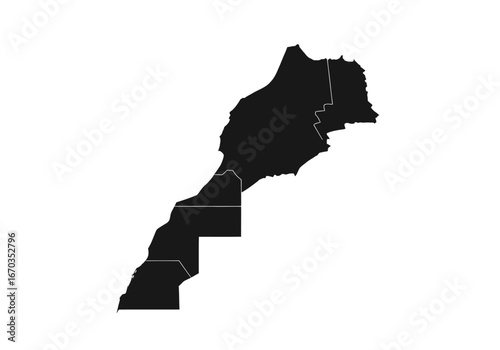 Black and white map showcasing Morocco's regional divisions.