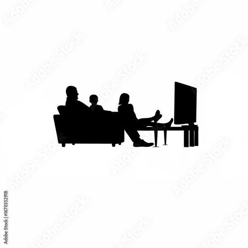 Family watching tv together father relaxing silhouette on white background isolated on white background