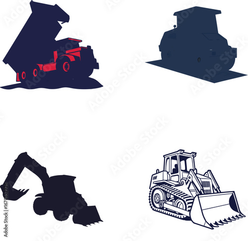 Four construction vehicles including excavator roller and dump truck machinery