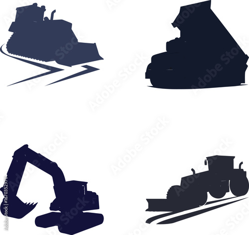 Four dark blue construction vehicle silhouettes on white background bulldozer excavator