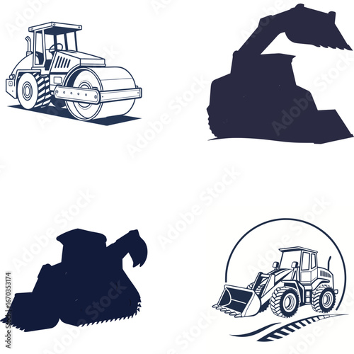 Four construction vehicles including roller and loaders in navy blue machinery heavy