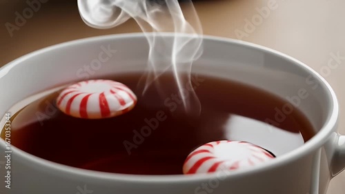 Steaming cup with tea and round, patterned candies. Close-up, cozy beverage scene