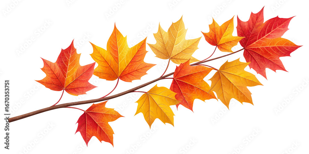 Fototapeta premium Vibrant Autumn Leaves Branch in Orange, Yellow, and Red on Transparent Background Delicate Fall Foliage Branch, Colorful Seasonal Leaves Isolated on Transparent Background