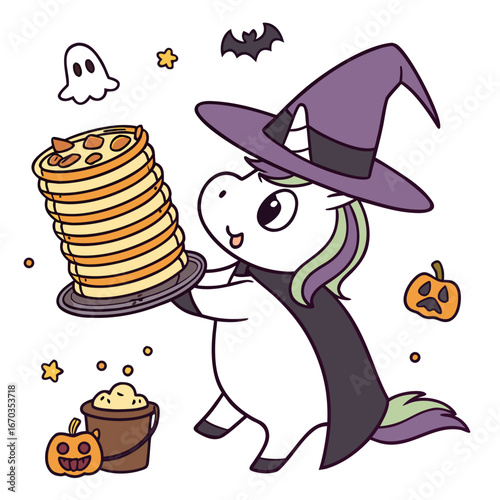 Cute Funny Horse, accessorized with balancing a stack of pancakes, in a Halloween world – Spooky Fun palette vector