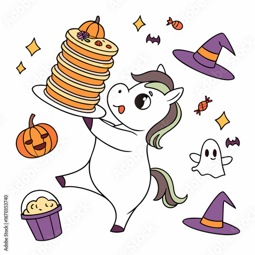 Cute Funny Horse, accessorized with balancing a stack of pancakes, in a Halloween world – Spooky Fun palette vector