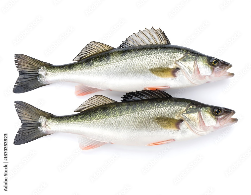 Fototapeta premium Two fresh perch fish on white background