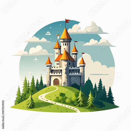 Castello fiabesco in collina con torri medievali e bandiere rosse