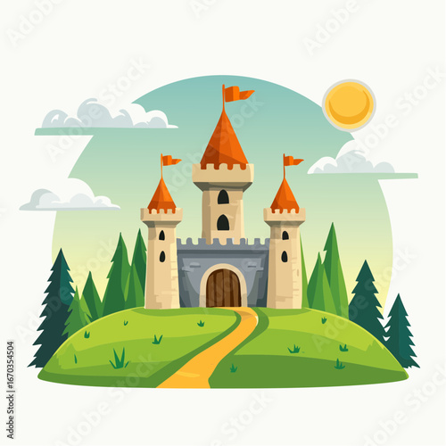 Castello fiabesco in collina con torri medievali e bandiere rosse