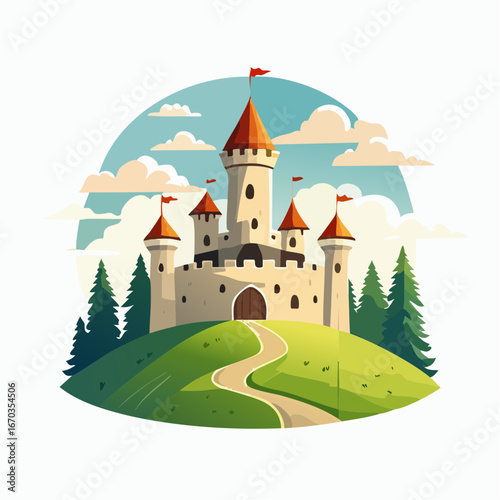 Castello fiabesco in collina con torri medievali e bandiere rosse