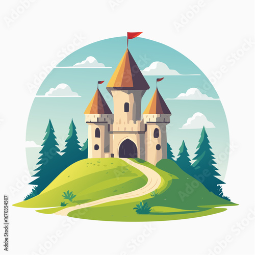 Castello fiabesco in collina con torri medievali e bandiere rosse