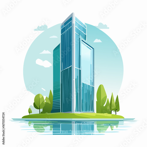 水辺に映るガラスのオフィスタワー — サステナブル都市建築のコーポレートイラスト
