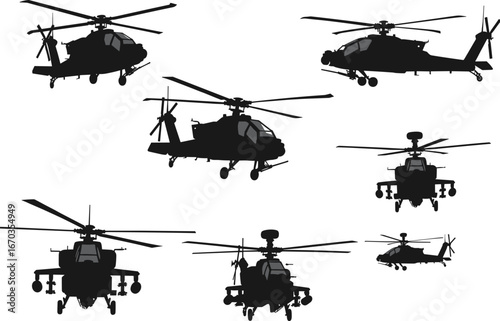 Attack military helicopter vector set with aviation silhouettes, rotor blades, combat aircraft illustrations, tactical defense chopper, and war aviation design for army use