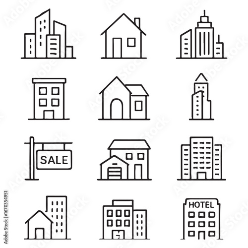 Real estate Properties line editable icon set vector. 