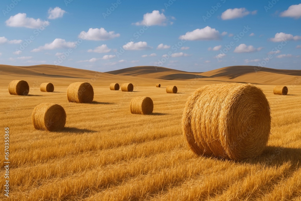 Fototapeta premium Golden Wheat Bales Rest on Rolling Hills under Blue Sky, presenting autumn's bounty with warmth, harvest celebration and countryside tranquility.