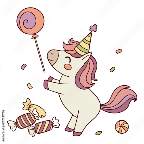 Cute Joyful Horse, accessorized with with a stuffed animal, in a Birthday world – Candy Shop palette vector
