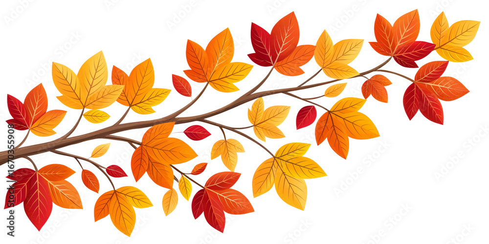 Fototapeta premium Vibrant Autumn Leaves Branch in Orange, Yellow, and Red on Transparent Background Delicate Fall Foliage Branch, Colorful Seasonal Leaves Isolated on Transparent Background