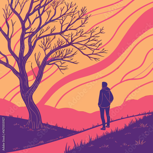 Vector art of a solitary person stands on a path looking towards a bare tree and a surreal, colorful sky with wavy patterns, suggesting contemplation and natures beauty