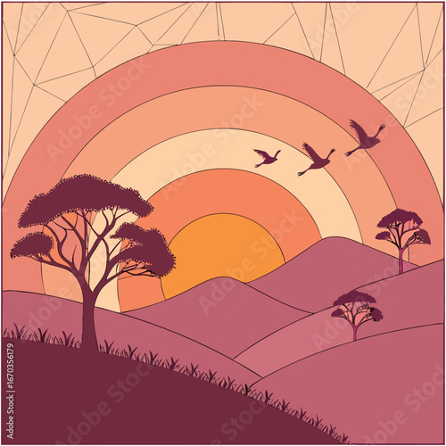 Fototapet Vector art of stylized illustration of a savanna landscape at sunset with a larg
