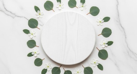 Natural Organic Eucalyptus And White Flower Arrangement On White Marble Background With Wooden Disc