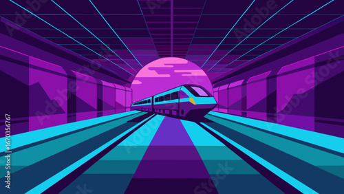 cyberpunk train flying neon tunnel