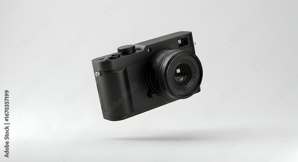 Fototapeta premium Black Digital Camera Floating on a Plain Background Photography