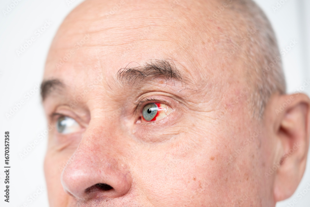 Fototapeta premium Bloodshot male eye in close-up shot, revealing raw detail burst vessel and underlying stress, ocular emergency, vision care