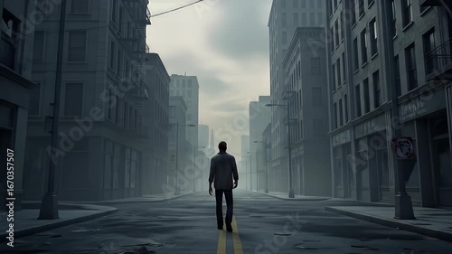 Man walking away on empty city street with tall buildings in a hazy, gray environment