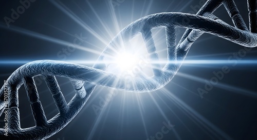 A DNA double helix structure with a bright, glowing light source within. Concept of genetic research, medical innovation, biotechnology, and the origin of life.