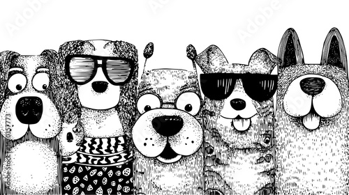 Illustration of a Cute Puppy with Big Eyes and Playful Expression in Black and White