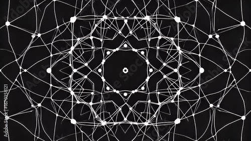 An abstract image featuring white lines and nodes against a stark black background