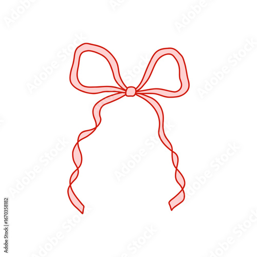 Whimsical coquette pink bow ribbon with red outline. Cute and elegant design element for Valentines Day, packaging, greeting cards, scrapbooking, feminine branding, and decorations. Vector art
