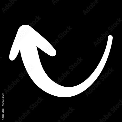 手描きのスムーズな白いペンの矢印。抑揚のあるダイナミックなシルエット。ベクター。背景透過。カーブ。反転